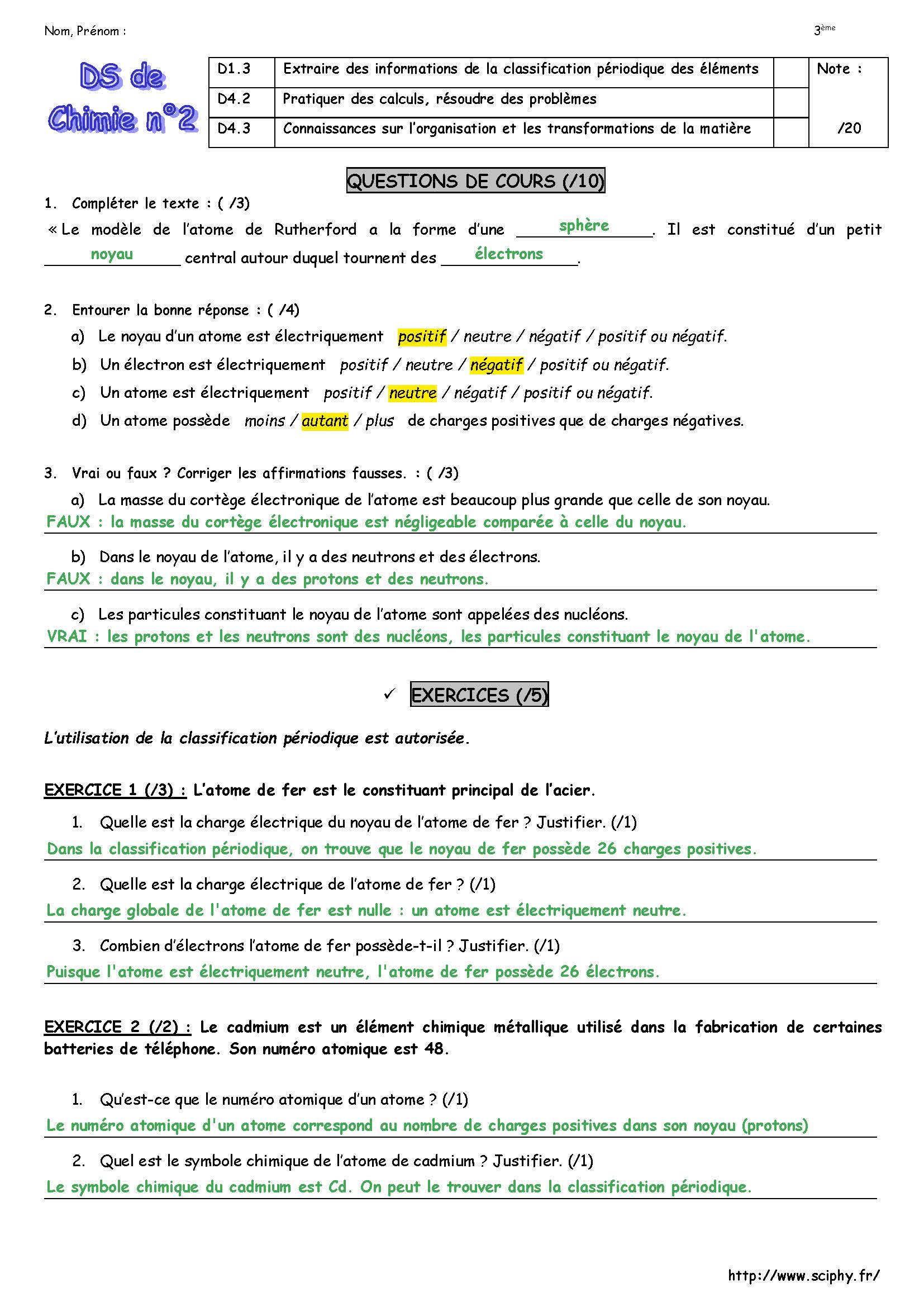 DS2 3 ème atomes 2018 2019 Page 1