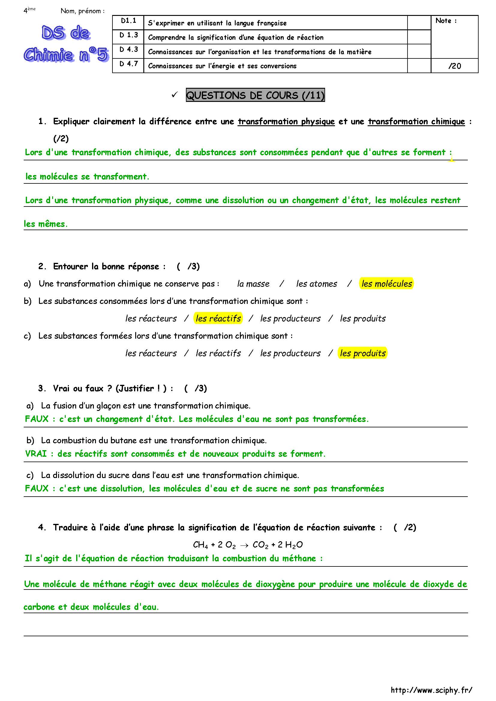 DS 4 4ème réaction chimique 2018 2019 Page 1