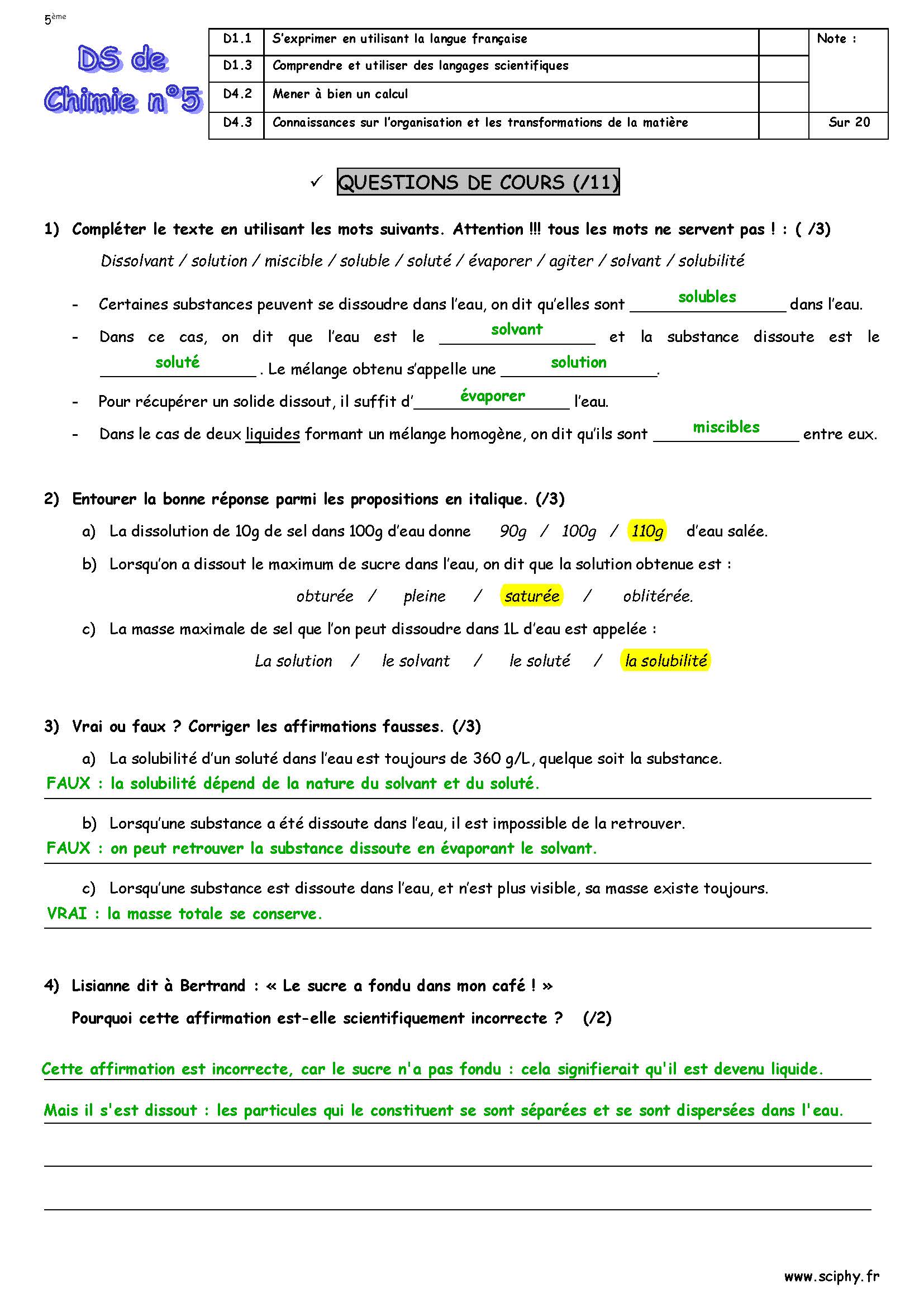 DS 5 5 ème Solutions 2018 2019 Page 1