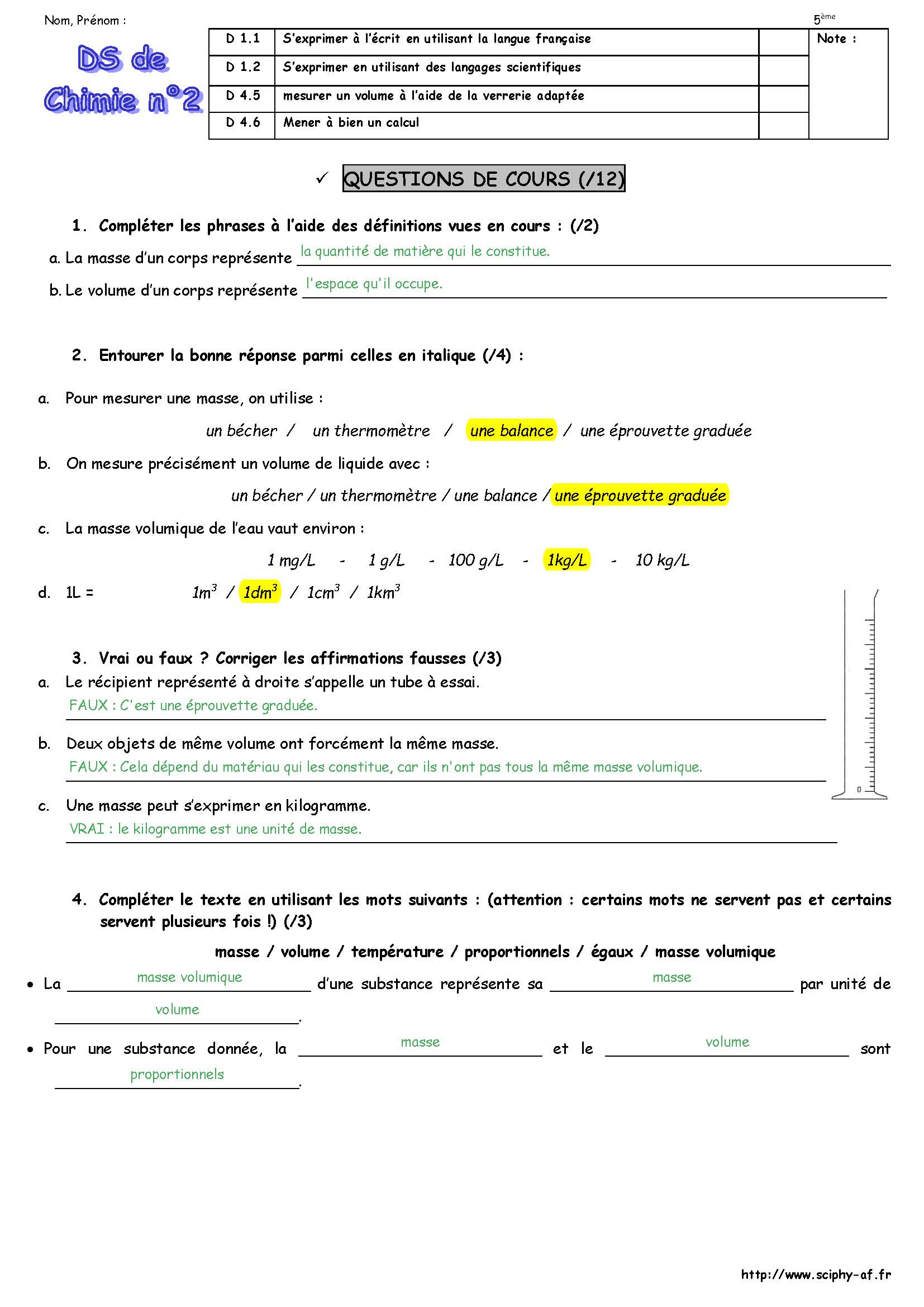 Correction DS 2 5 ème Masse et Volume Page 1